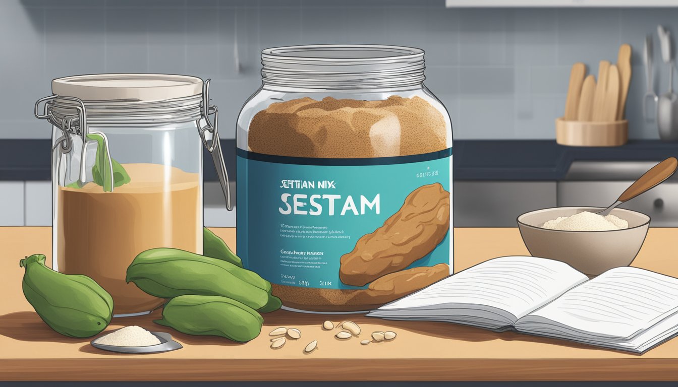 A jar of seitan mix sits on a kitchen counter next to a recipe book. A measuring spoon and a mixing bowl are also present