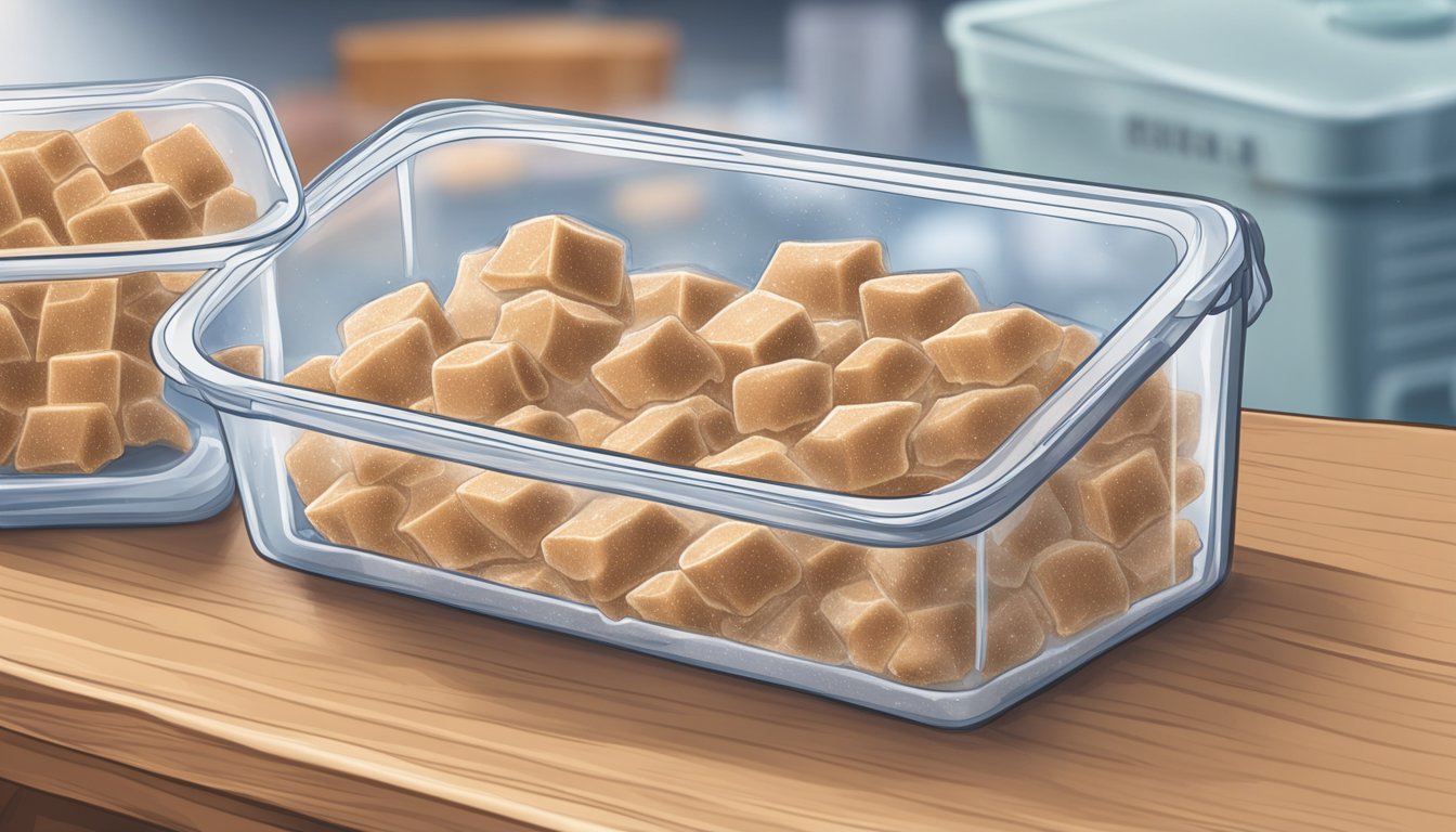 A container of seitan mix sits in a freezer, sealed tightly to maintain its quality. Ice crystals form on the edges as it waits to be used