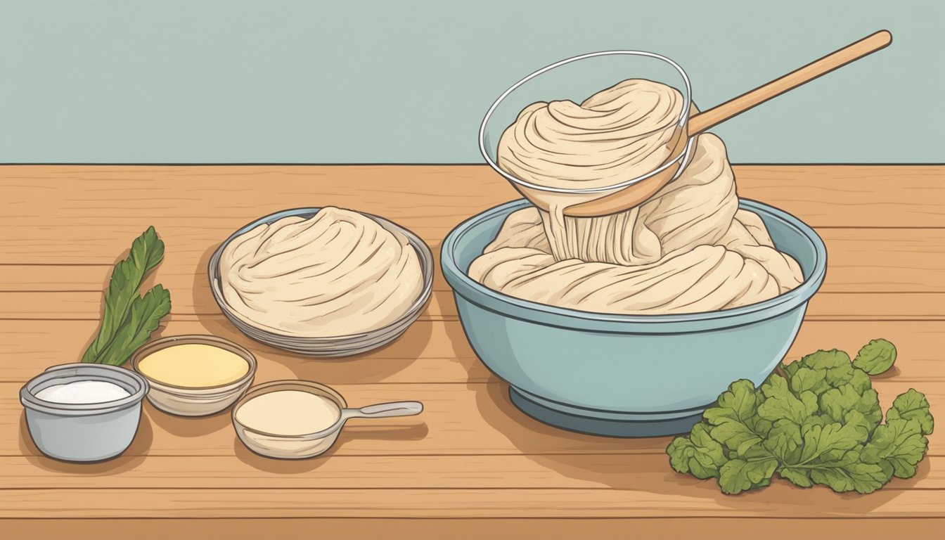 A hand mixing seitan dough in a bowl, then kneading it on a floured surface