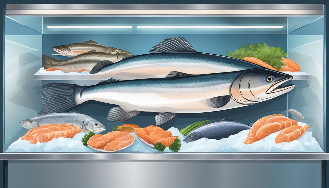 A whole salmon sits on a bed of ice in a refrigerated display case, surrounded by other seafood