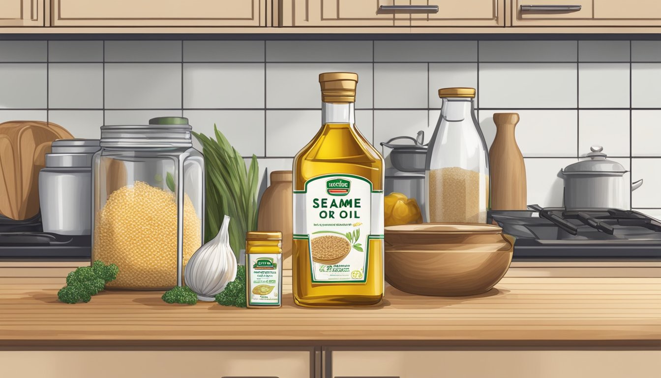 A bottle of sesame oil sits on a kitchen shelf, surrounded by other cooking ingredients. The label indicates the expiration date