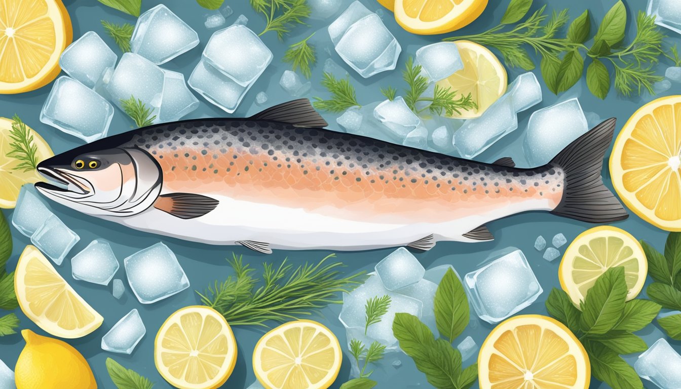 A whole salmon lying on a bed of ice, surrounded by fresh herbs and lemon slices, with a digital timer displaying the expiration date