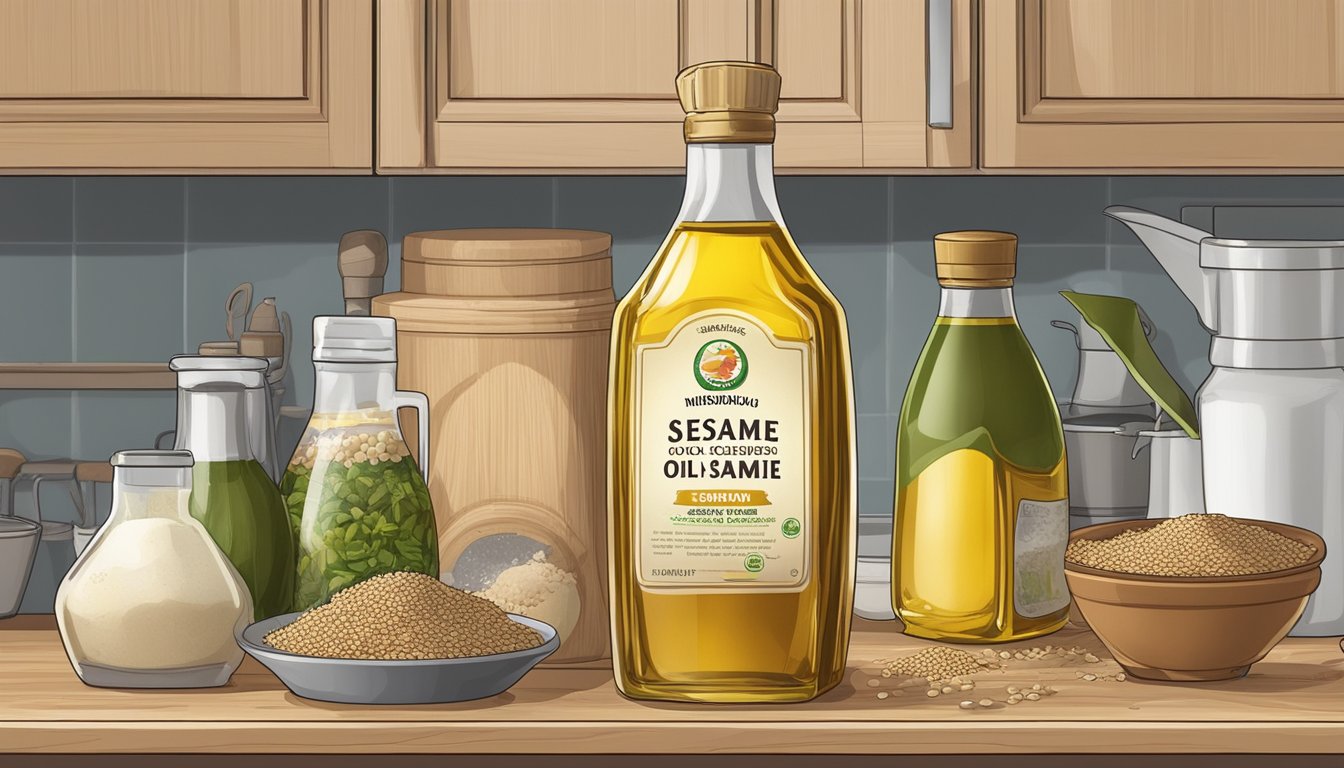 A bottle of sesame oil sits on a kitchen shelf, surrounded by various cooking ingredients. The expiration date on the label is visible