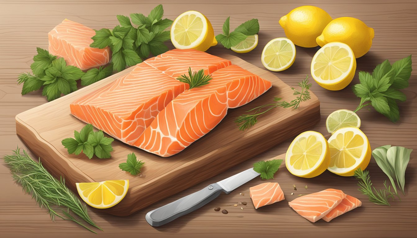 A variety of salmon products arranged on a wooden cutting board with slices of lemon and fresh herbs