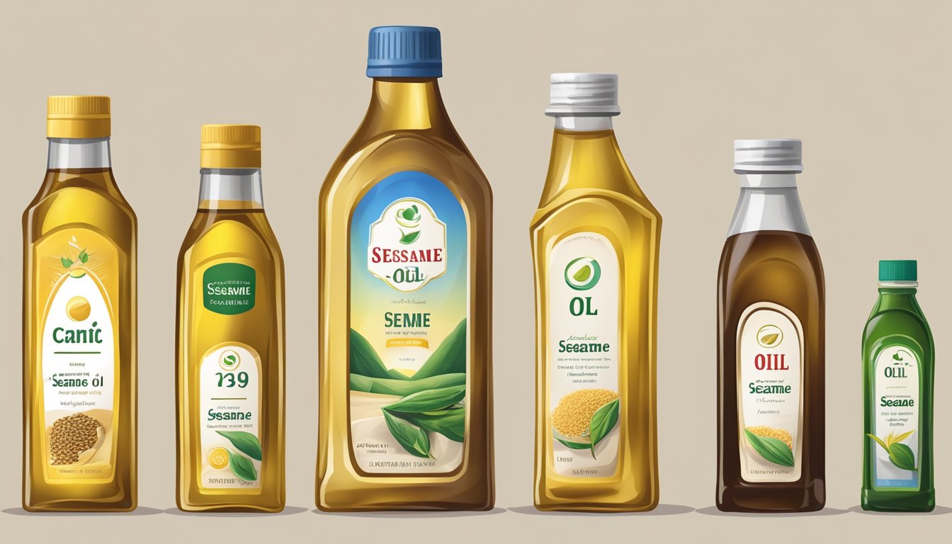 A bottle of sesame oil stands next to other oils, with expiration dates visible