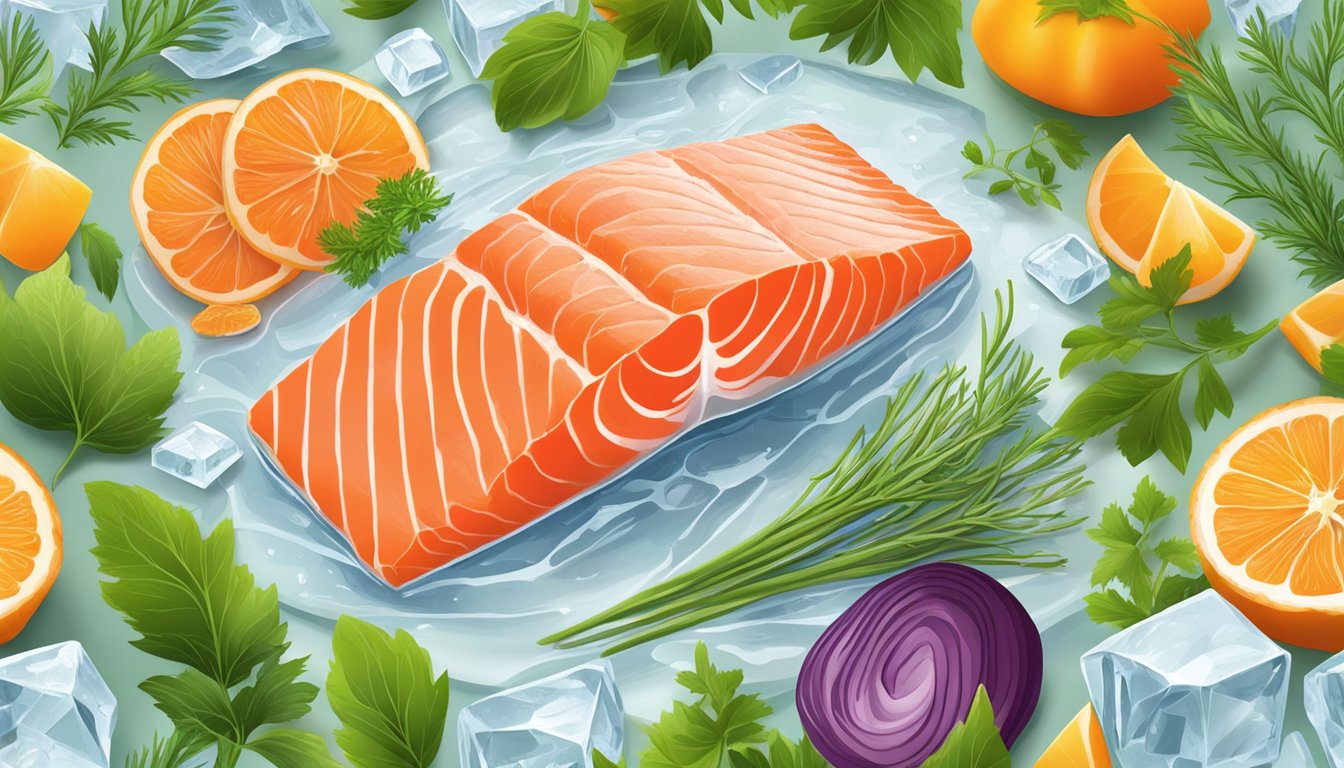 A fresh salmon fillet sits on a bed of ice, surrounded by vibrant green herbs and colorful vegetables