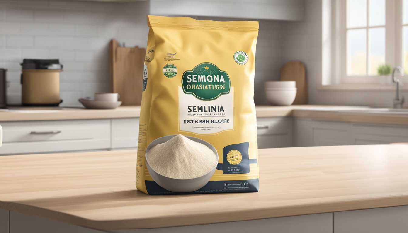 A sealed bag of semolina flour on a clean, well-lit kitchen counter, with a best before date clearly visible