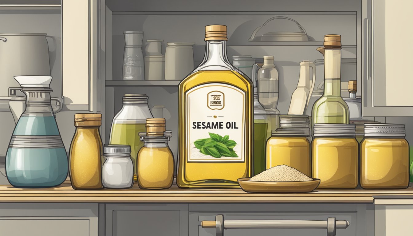 A bottle of sesame oil sits on a shelf, surrounded by various kitchen items. The label indicates the expiration date