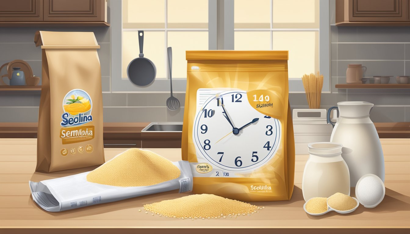 A bag of semolina flour sits on a kitchen shelf, next to a calendar and a clock. The bag is partially opened, with a few grains spilling out