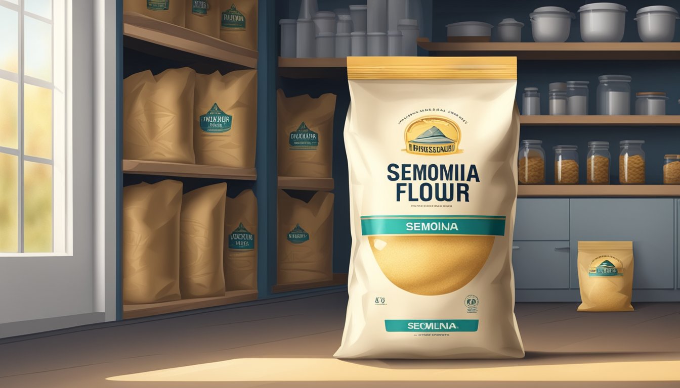 A sealed bag of semolina flour stored in a cool, dry pantry with no direct sunlight