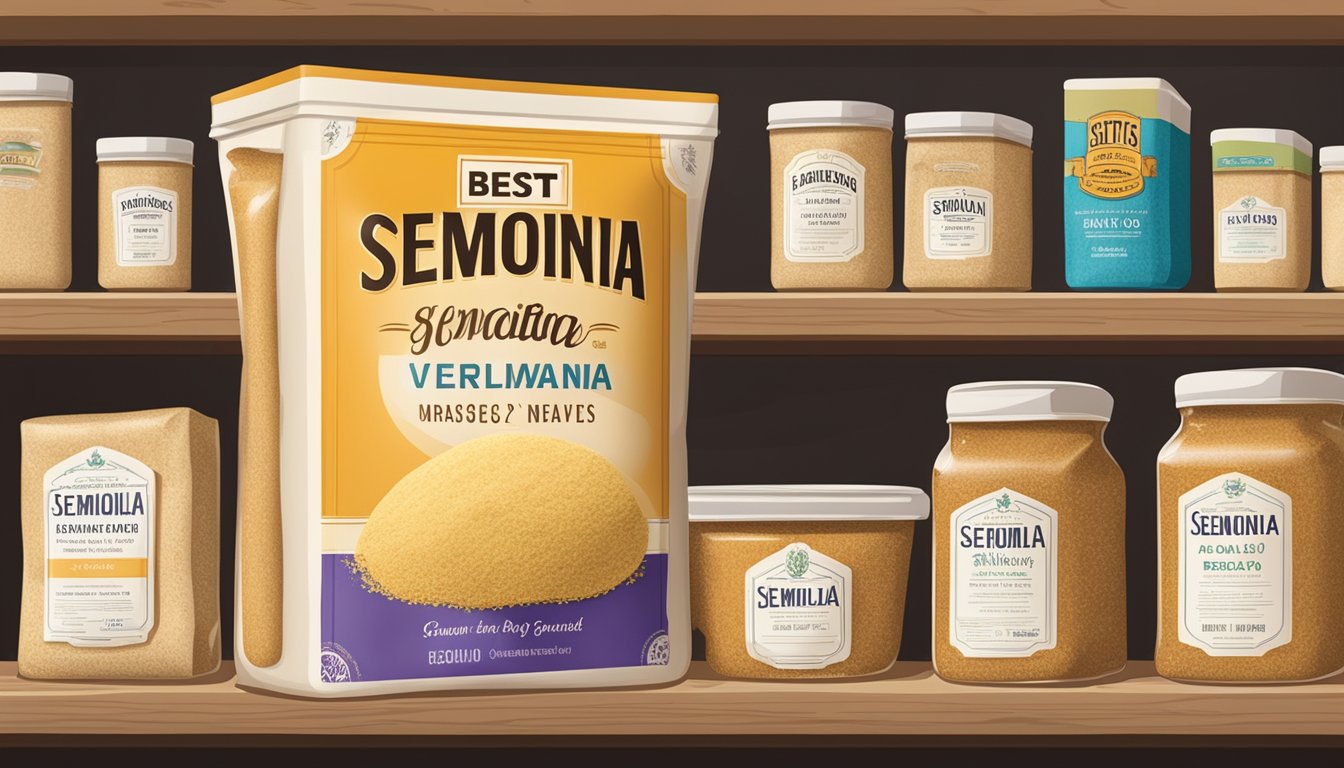 A sealed package of semolina sits on a pantry shelf next to other dry goods. The label displays a best-by date