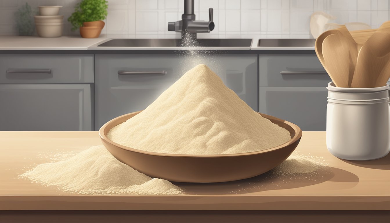 A bag of semolina flour sits on a kitchen counter next to a mixing bowl and a wooden spoon. The flour is spilling out of the bag onto the counter