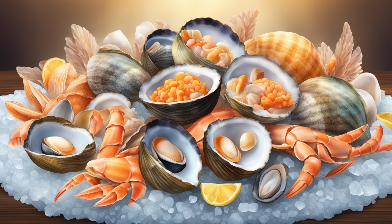 A pile of fresh shellfish on ice, with glistening shells and vibrant colors, surrounded by a display of various types of shellfish