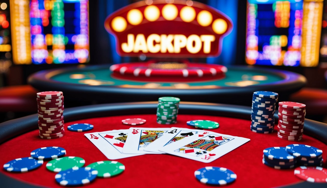 Sebuah meja poker online yang berwarna-warni dan cerah dengan chip dan kartu, dikelilingi oleh tanda jackpot yang bersinar