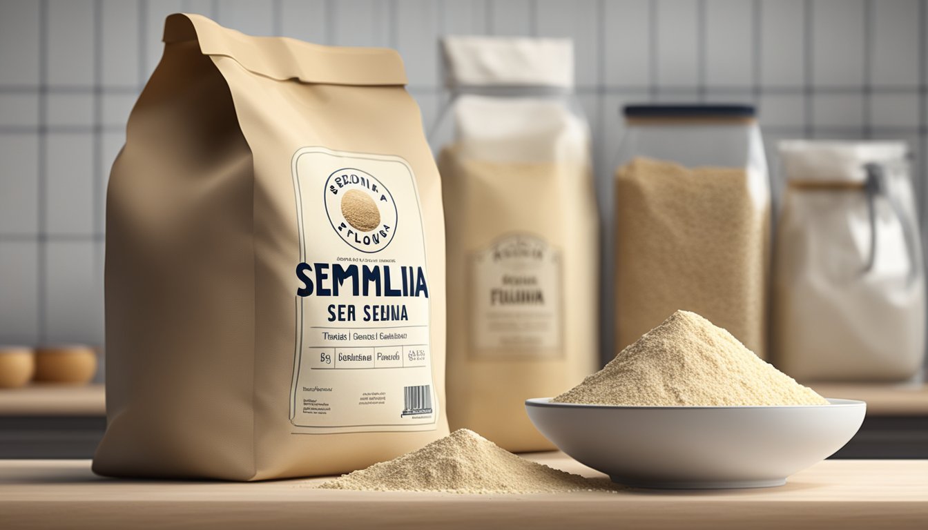 A bag of semolina flour sits on a kitchen shelf, next to a variety of alternative flours. The expiration date on the semolina package is clearly visible