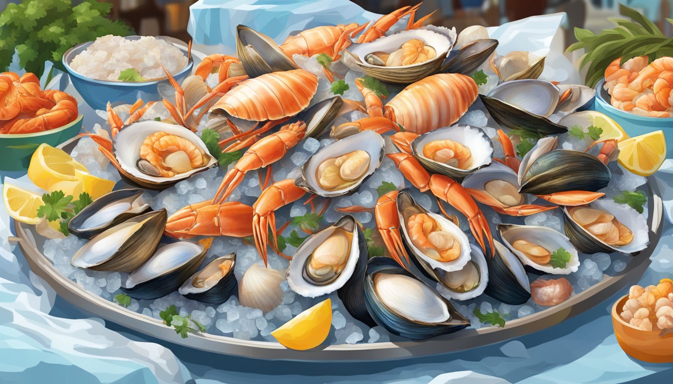 A pile of fresh shellfish sits on a bed of ice, surrounded by vibrant, colorful seafood in a bustling market setting