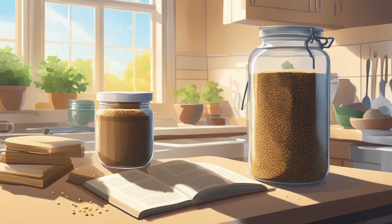 A jar of sesame paste sits on a kitchen counter, surrounded by scattered sesame seeds and a few open cookbooks. The sunlight streams in through a nearby window, casting a warm glow on the scene