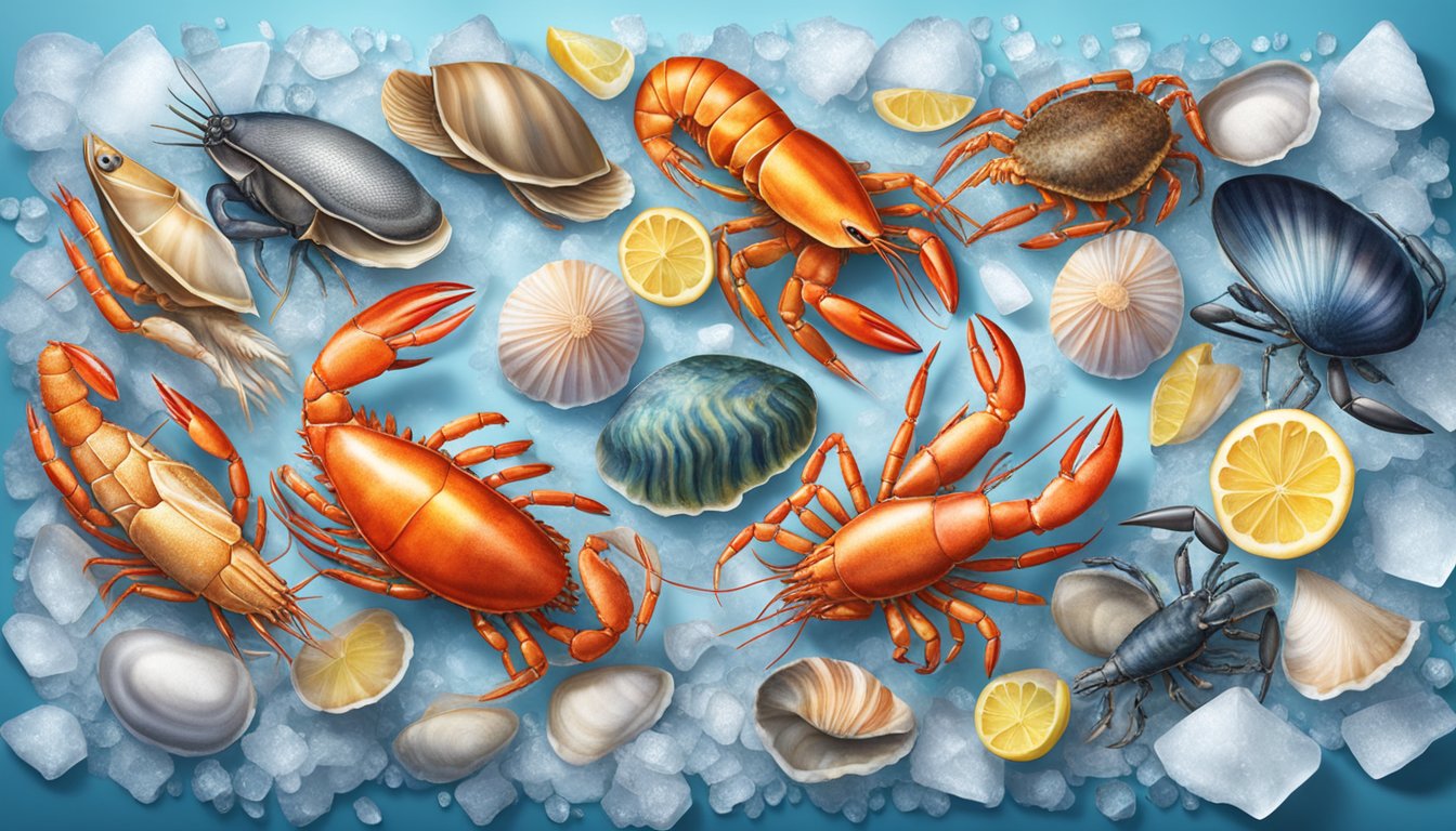 A variety of shellfish, including shrimp, crab, and lobster, arranged on a bed of ice, with vibrant colors and textures