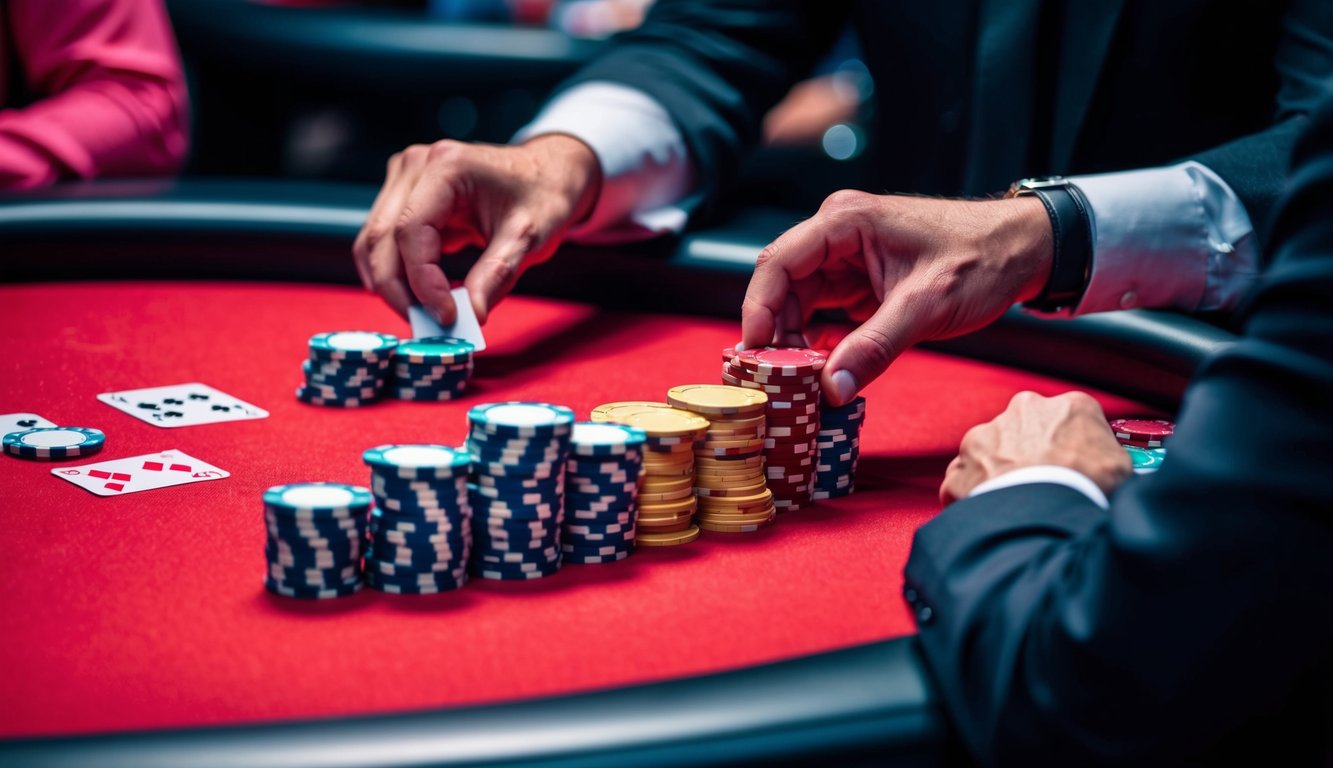 Sebuah meja poker yang ramai dengan tumpukan chip besar dan tangan dealer yang membagikan kartu kepada pemain yang tidak terlihat