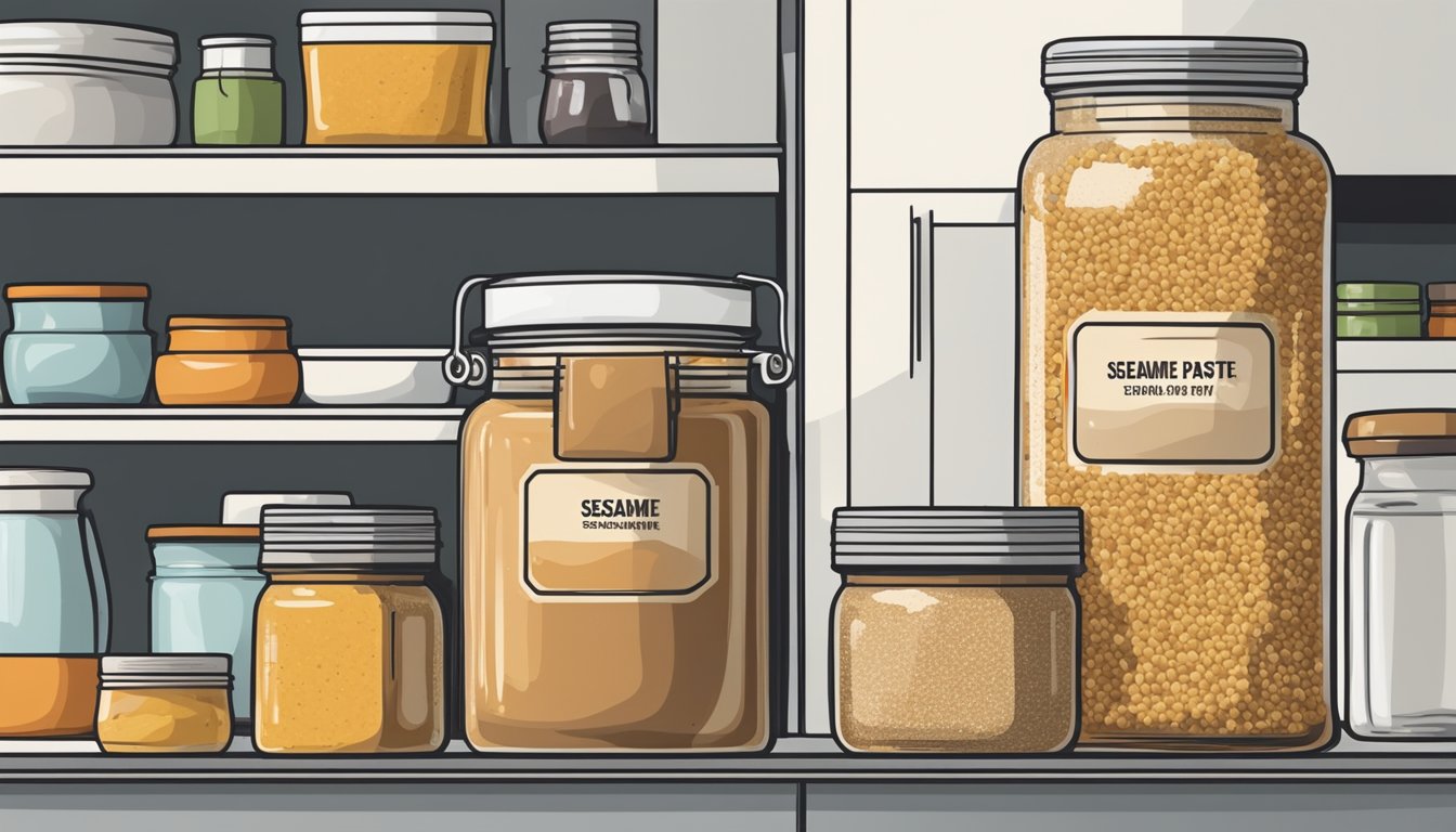 A jar of sesame paste sits on a kitchen shelf, surrounded by other condiments and spices. The label on the jar indicates the expiration date