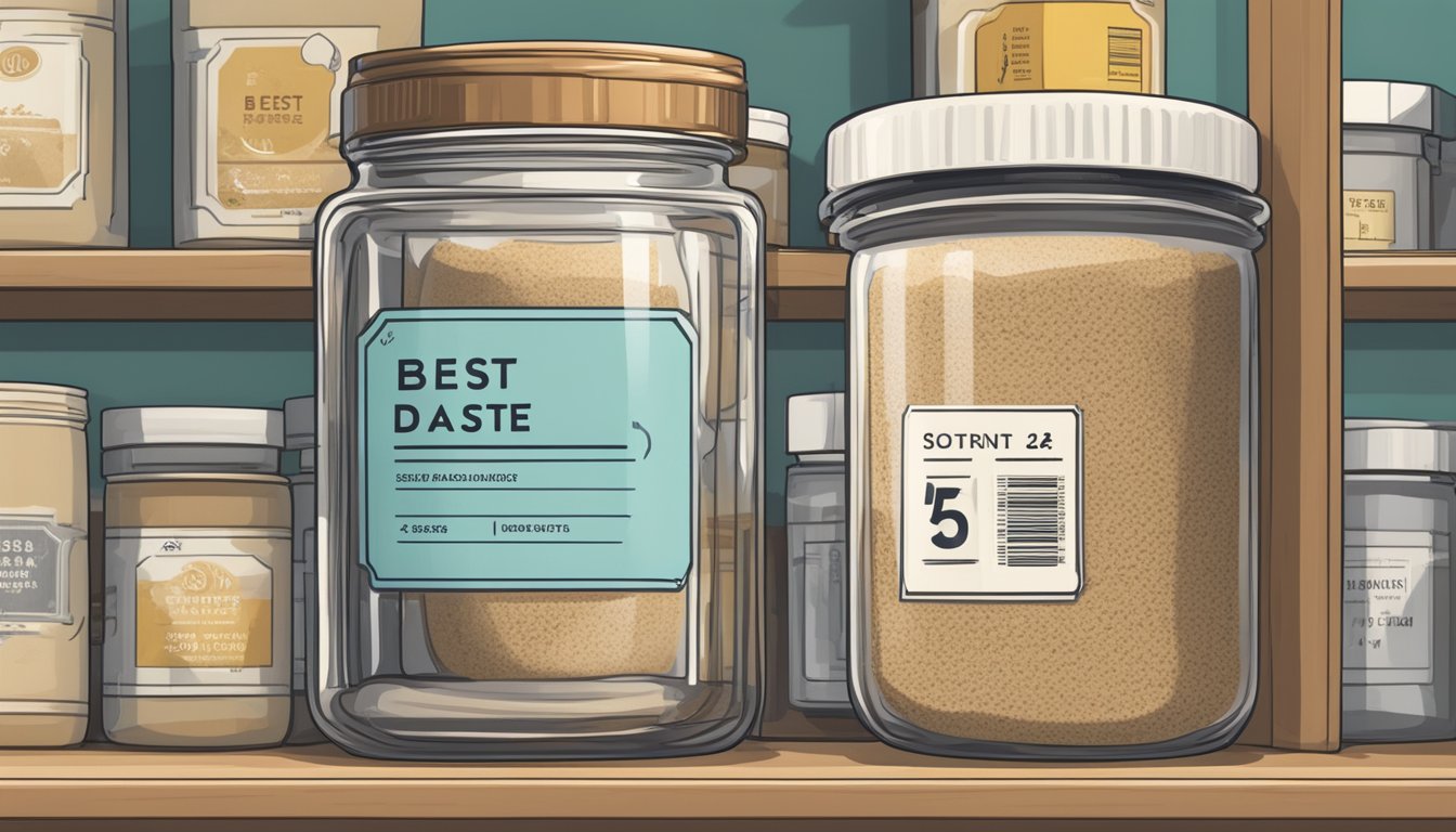 A jar of sesame paste sits on a shelf, next to a label with a "best by" date and storage guidelines