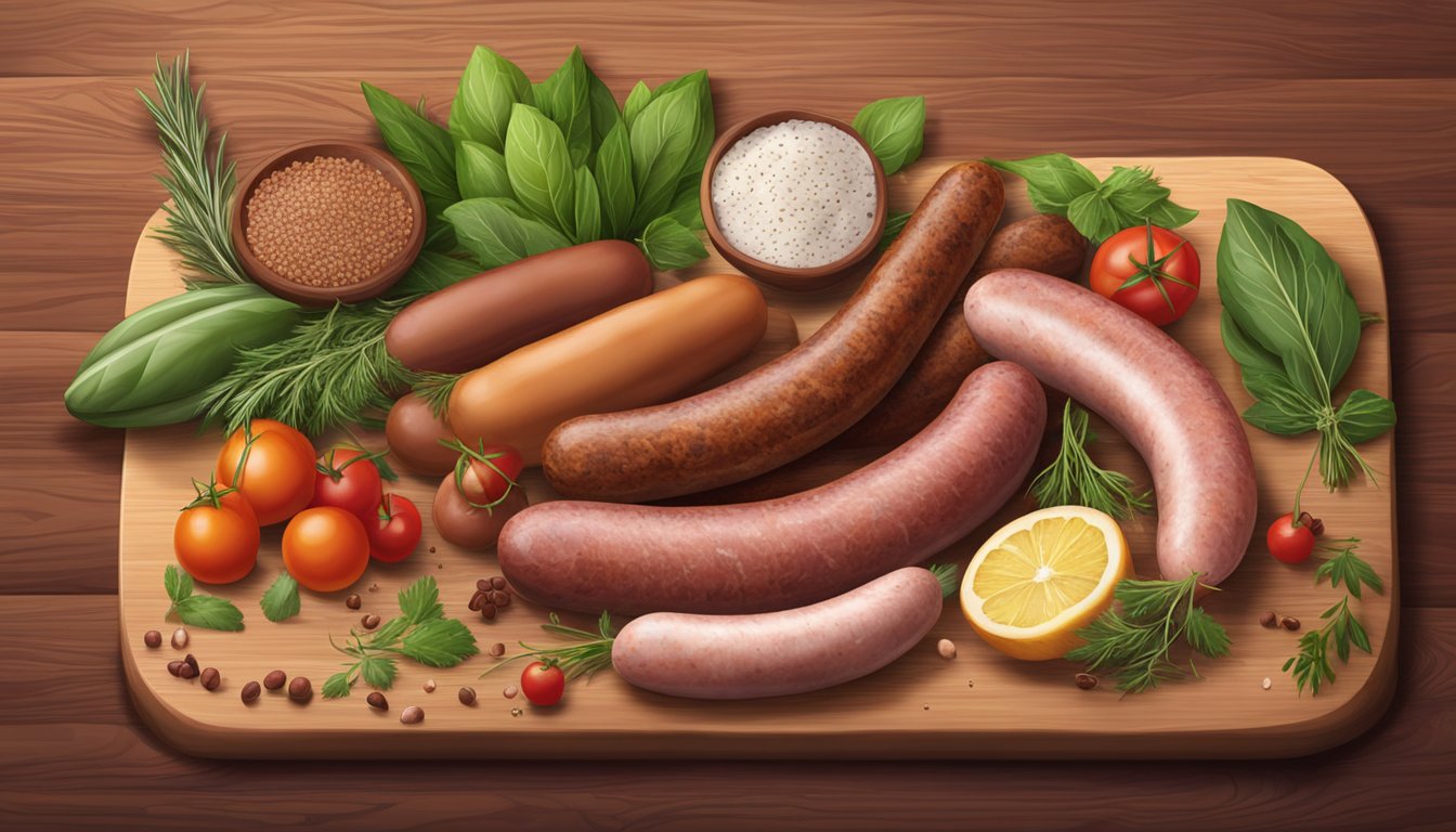 A variety of sausages displayed on a wooden cutting board, surrounded by fresh herbs and spices