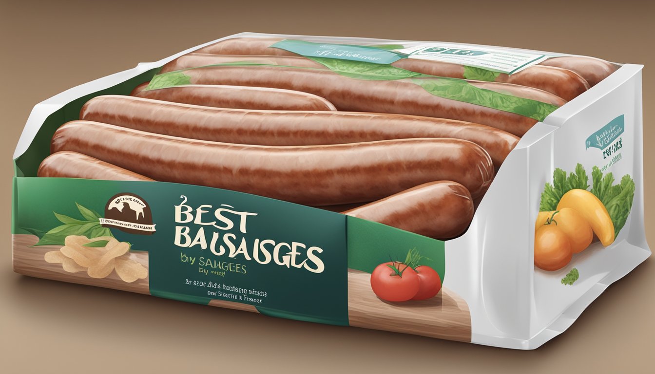 A package of sausages with a "best by" date label, placed in a refrigerator