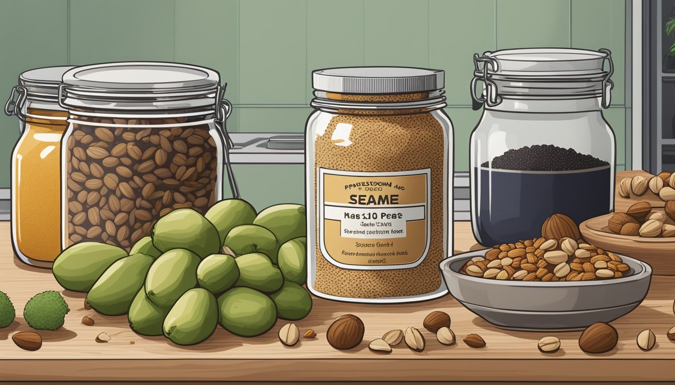 A jar of sesame paste sits on a kitchen counter, surrounded by a variety of nuts, seeds, and fruits. The label on the jar indicates the expiration date, emphasizing its long shelf life