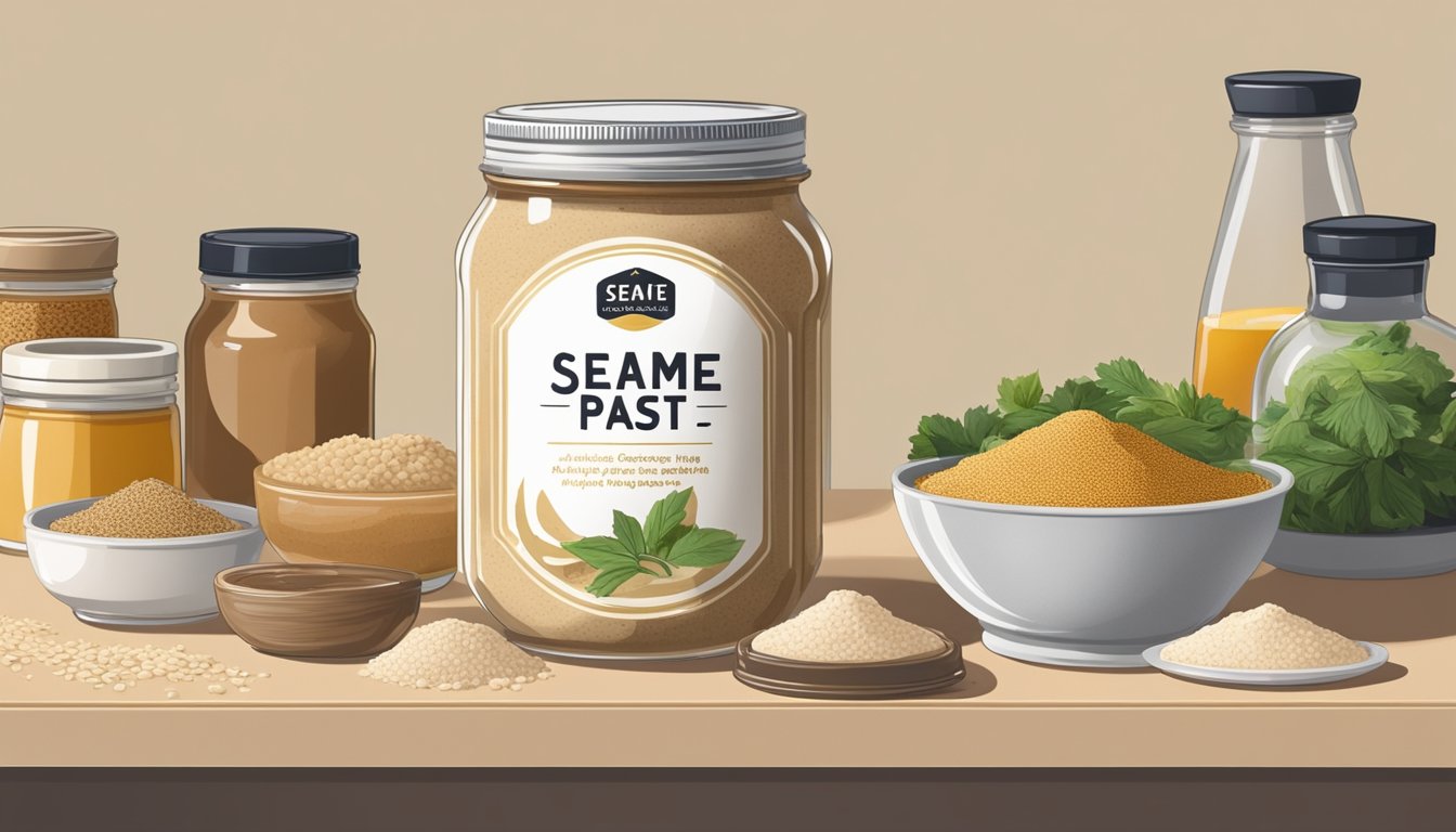 A jar of sesame paste sits on a kitchen counter, surrounded by various cooking ingredients. The lid is open, revealing the creamy, beige paste inside