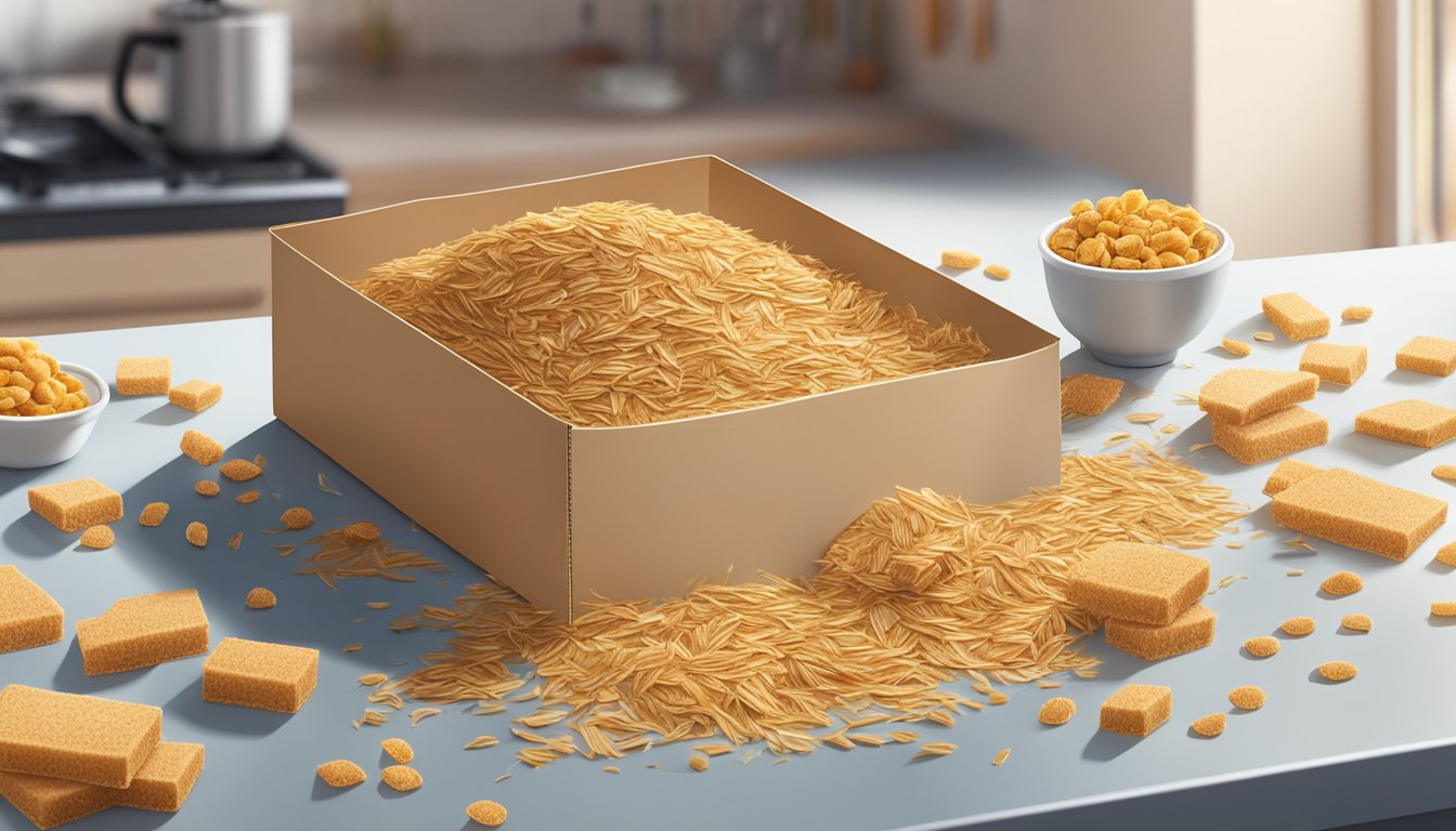 A box of shredded wheat sits on a kitchen counter, surrounded by a few loose pieces of cereal. The box is open, with a few crumbs scattered around it