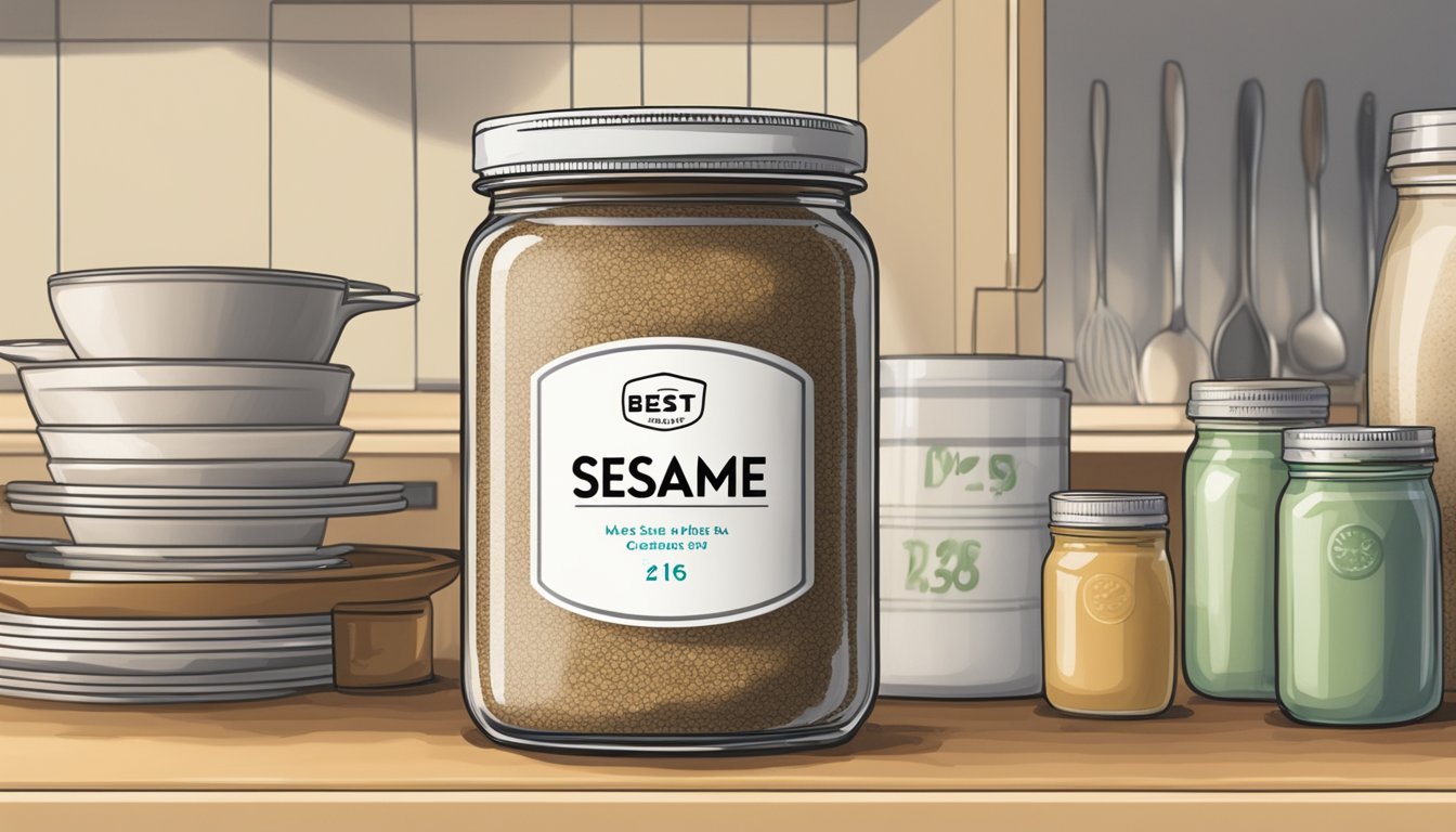 A jar of sesame paste sits on a clean, organized kitchen shelf, with a "best by" date clearly visible on the label