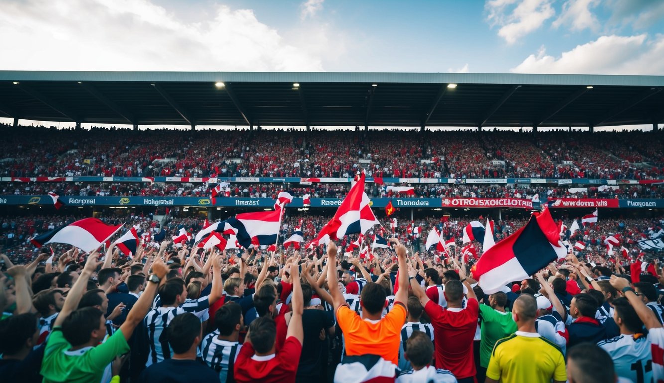 Sebuah stadion sepak bola yang ramai dengan penggemar bersorak dan melambaikan bendera