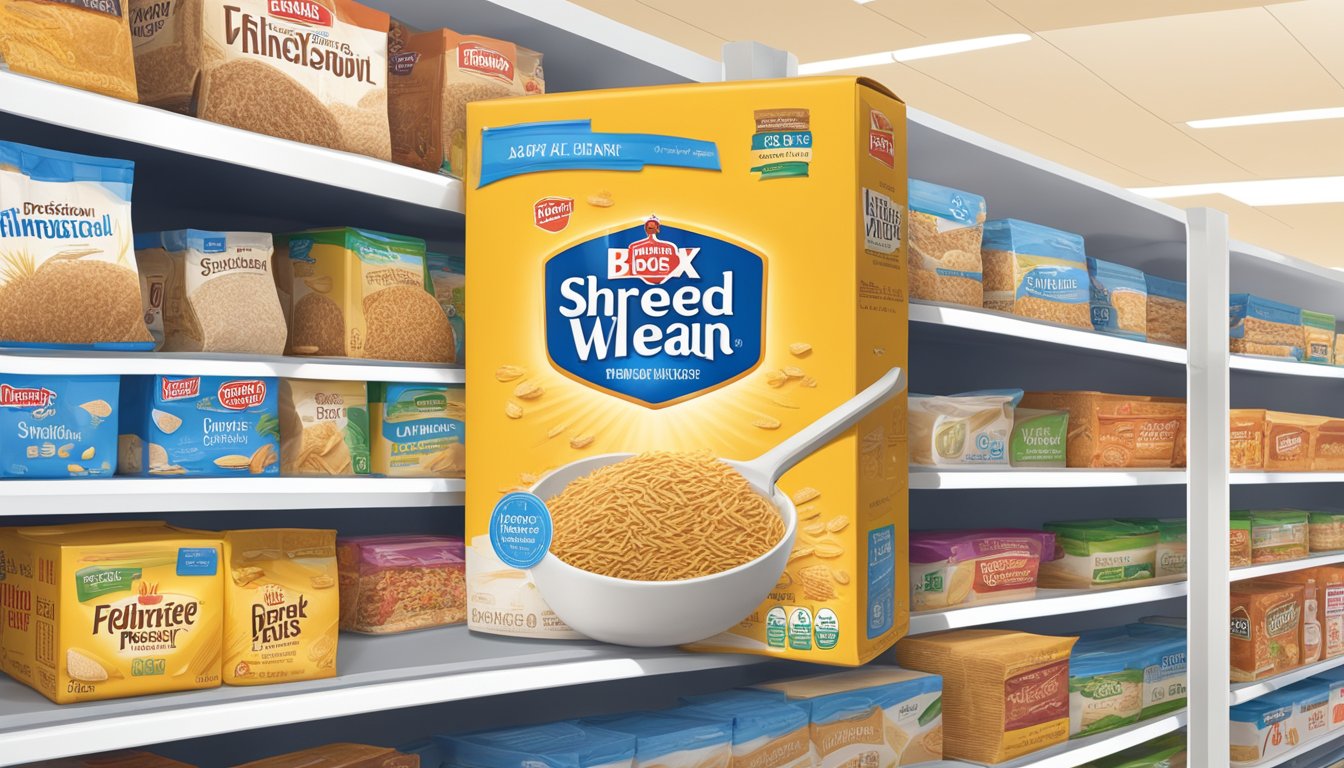 A box of shredded wheat sits on a pantry shelf, surrounded by other pantry staples. The box is unopened, with a clear expiration date printed on the packaging