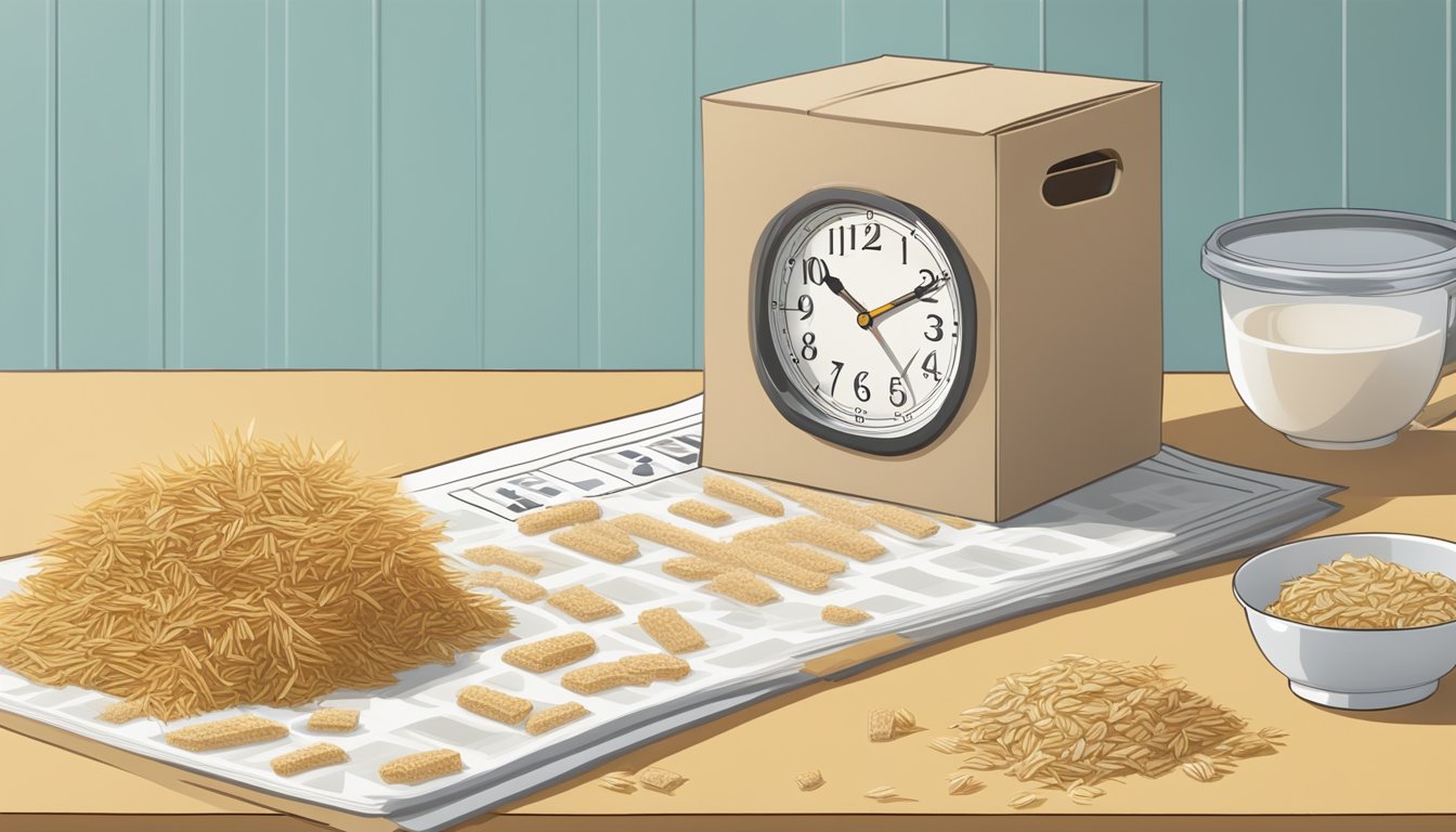 A box of shredded wheat sits on a kitchen counter, surrounded by a calendar and a clock, with mold growing on the cereal