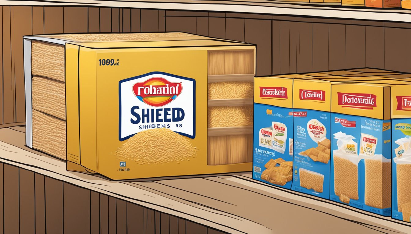 A box of shredded wheat sits on a shelf, surrounded by other dry goods. The expiration date is prominently displayed on the packaging