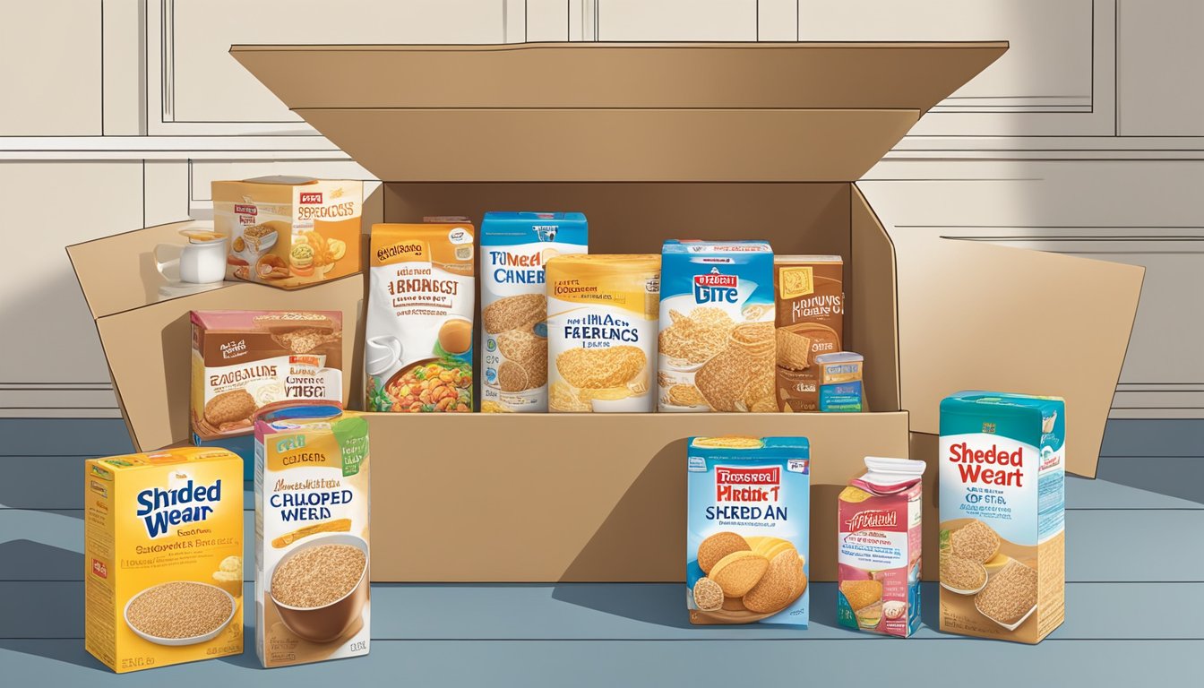 A box of shredded wheat sits on a pantry shelf, surrounded by other breakfast items. The expiration date is visible on the packaging