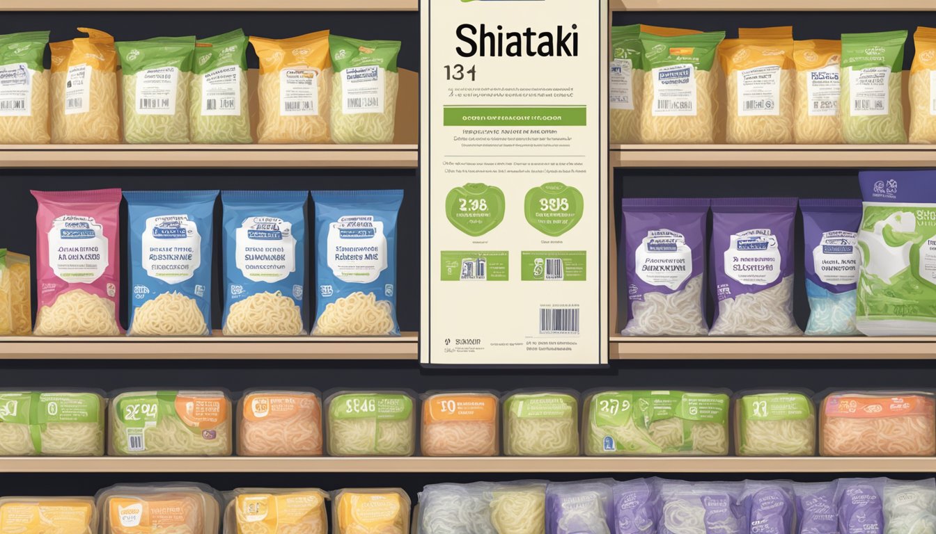 A clear package of shirataki noodles sits on a pantry shelf next to a labeled expiration date