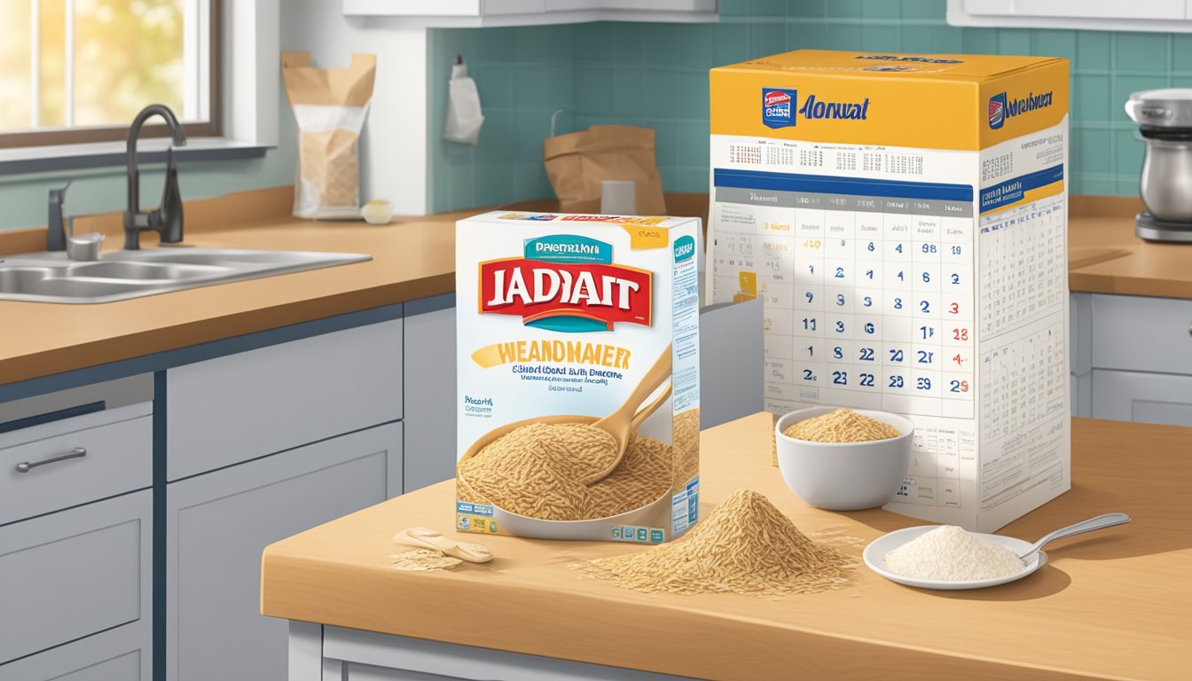 A box of shredded wheat sits on a kitchen counter, next to a calendar showing the current date and a bag of flour