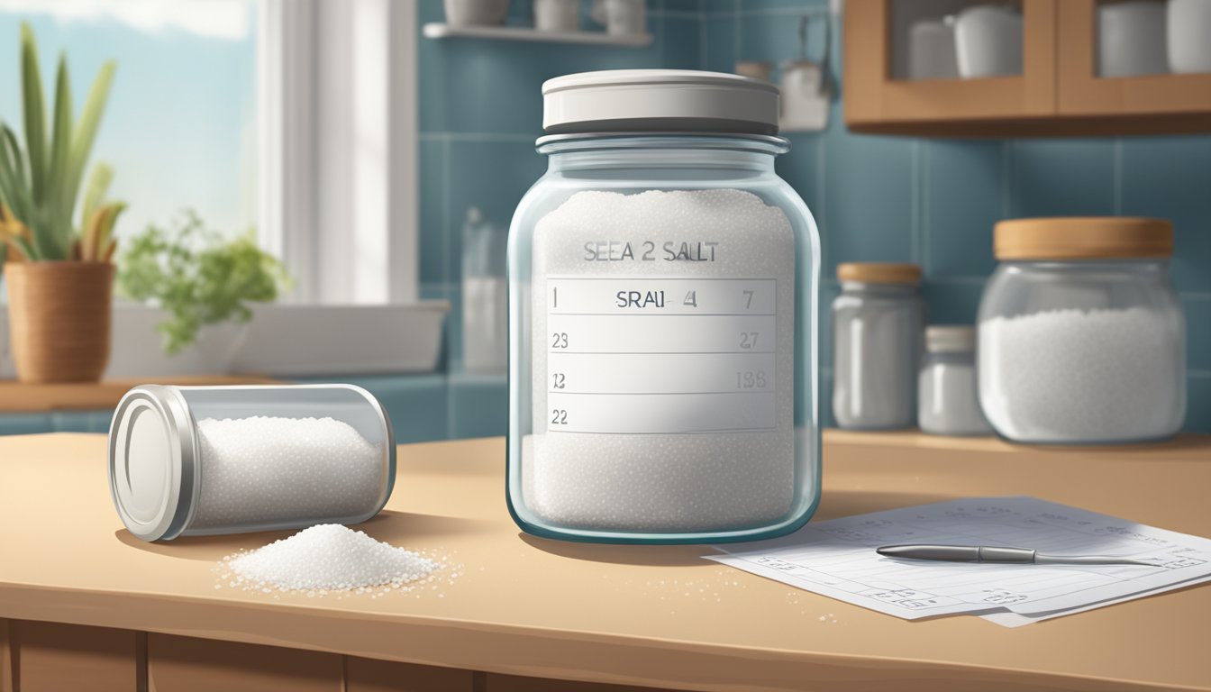 A jar of sea salt sitting on a kitchen counter, with a calendar in the background showing the current date and an expiration date marked on the jar