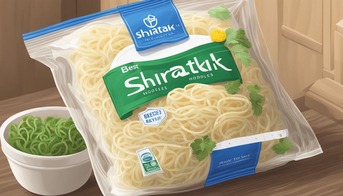 A sealed package of shirataki noodles stored in a pantry with a best before date visible