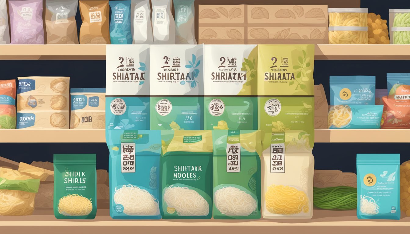 A package of shirataki noodles sits unopened on a pantry shelf, surrounded by other dry goods