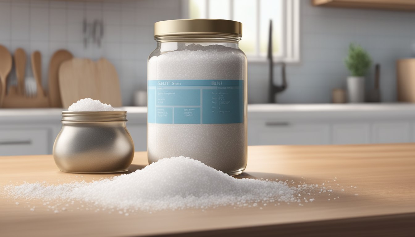 A jar of sea salt sits on a kitchen counter next to a calendar. The salt appears untouched, with no visible signs of spoilage