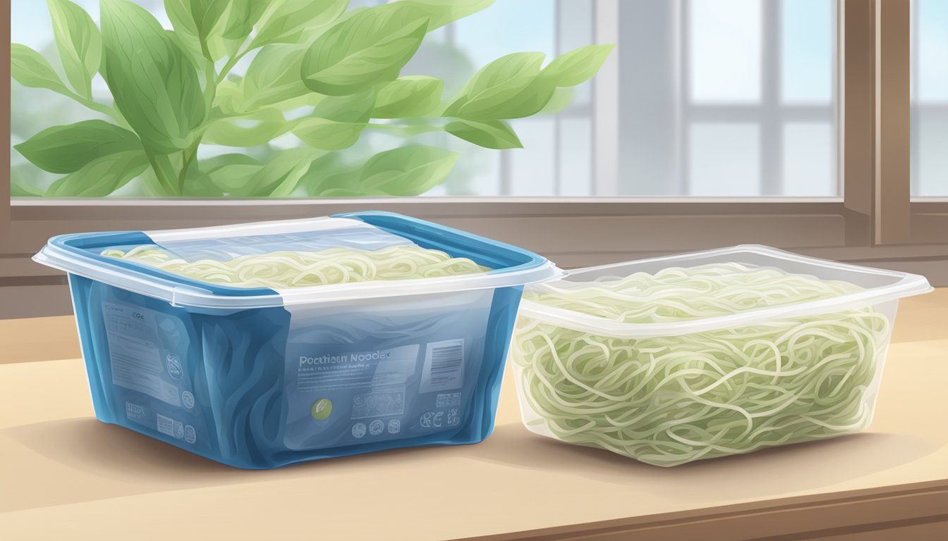 Shirataki noodles in a sealed package, stored in a refrigerator