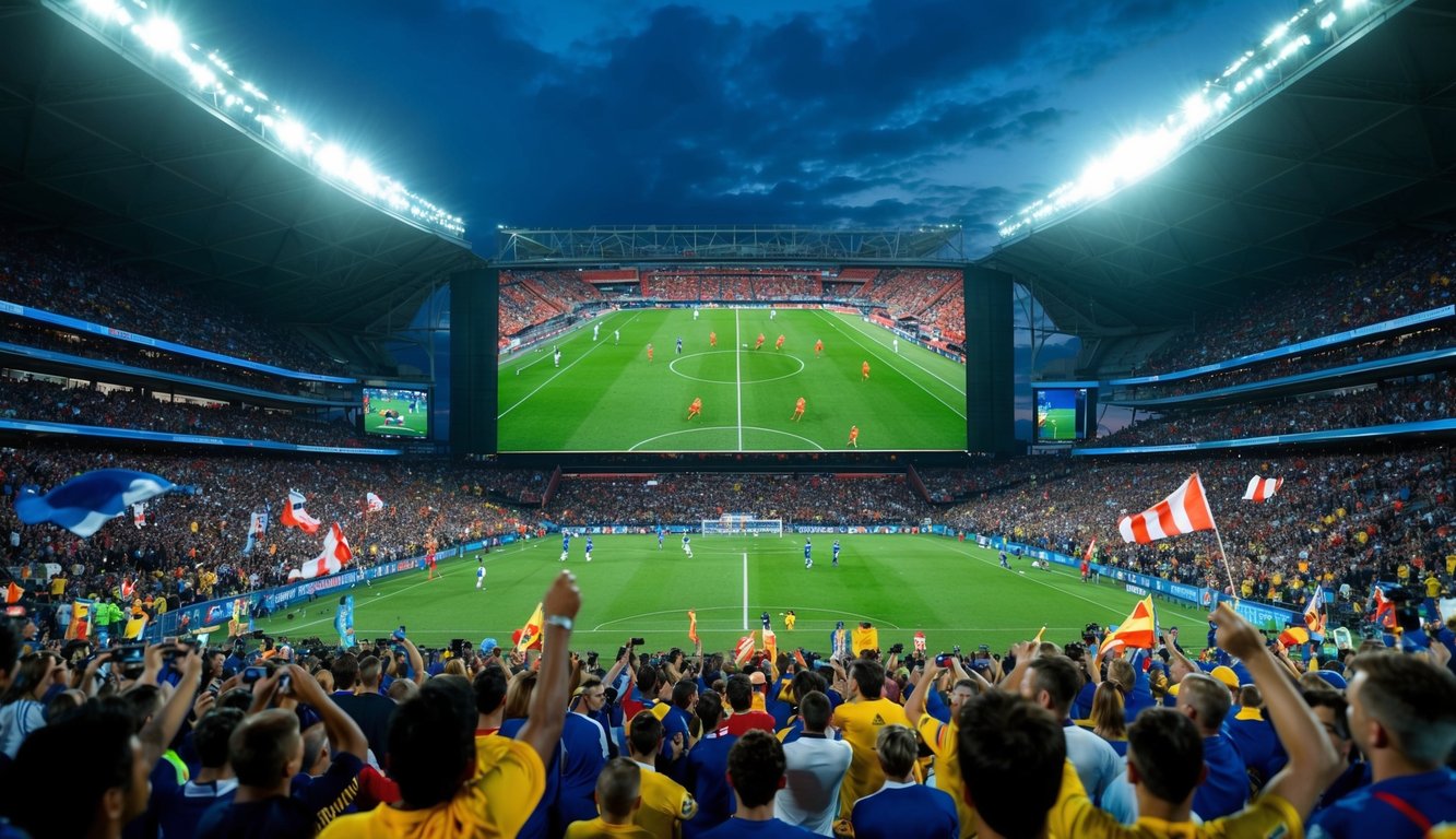 Sebuah stadion yang ramai dengan layar besar yang menampilkan pertandingan sepak bola secara langsung. Para penggemar bersorak dan melambaikan bendera di tribun.