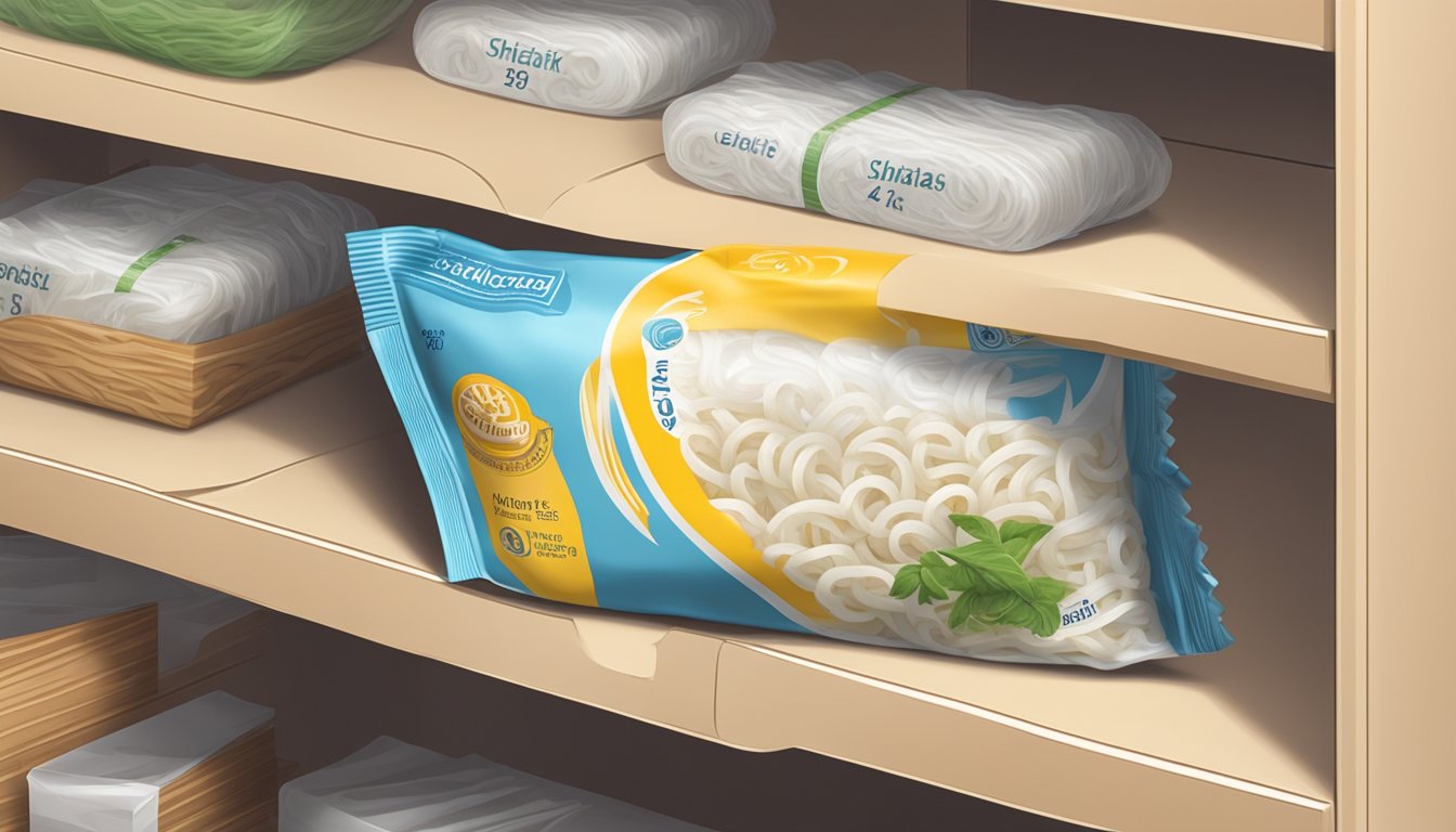 A package of shirataki noodles sits on a pantry shelf, with the expiration date clearly visible