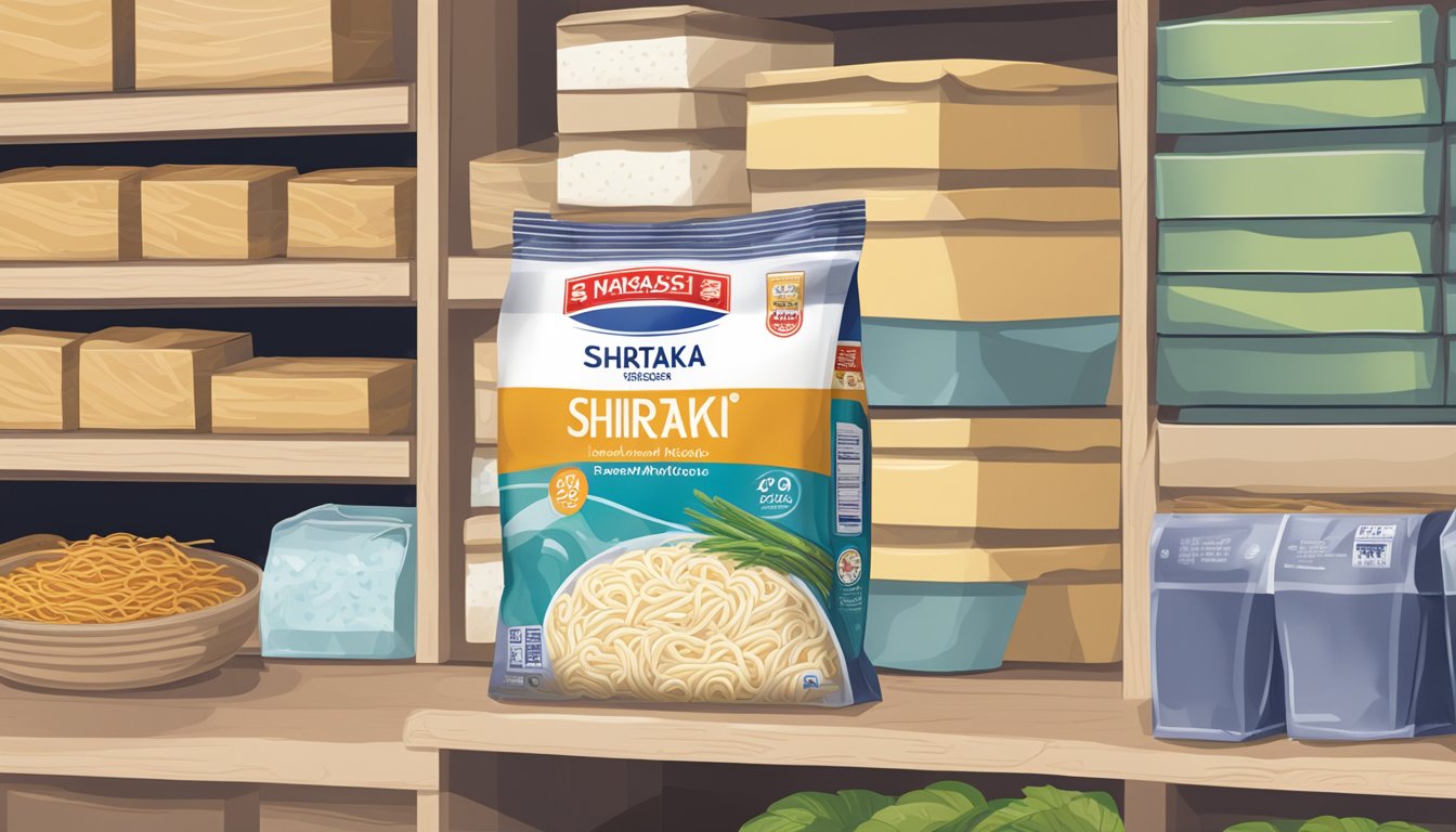 A package of shirataki noodles sits on a pantry shelf, surrounded by other dry goods. The expiration date is clearly printed on the packaging