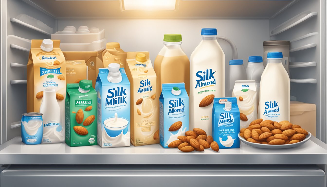 A carton of Silk Almond Milk sits on a refrigerator shelf, surrounded by other food items. The expiration date is clearly visible on the packaging