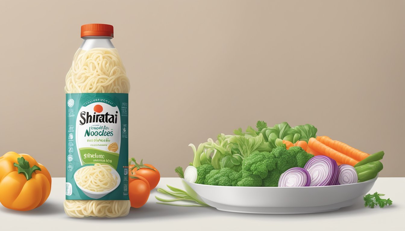 A package of shirataki noodles sits on a kitchen counter, surrounded by fresh vegetables and a bottle of sauce. The expiration date is clearly visible on the packaging