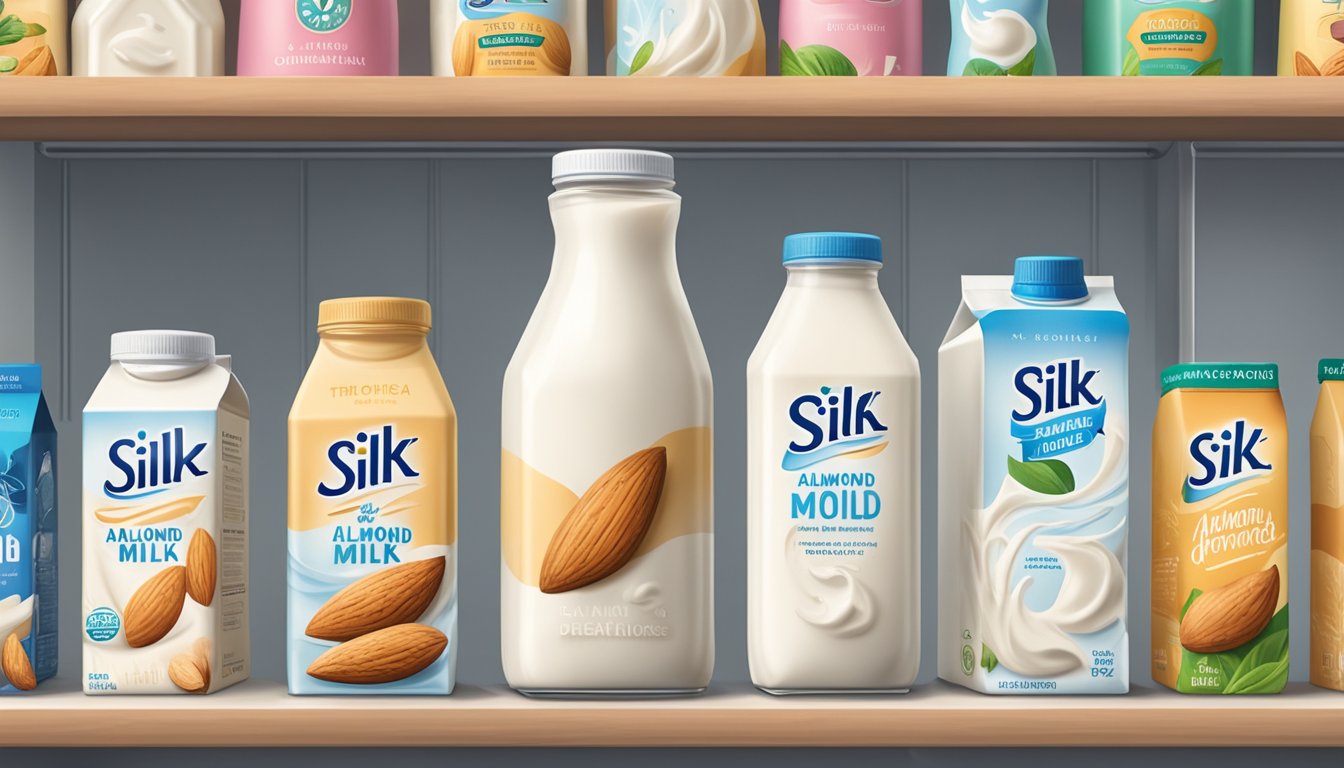 A sealed carton of Silk Almond Milk sits in a refrigerator next to other dairy alternatives and beverages. The refrigerator is organized and clean