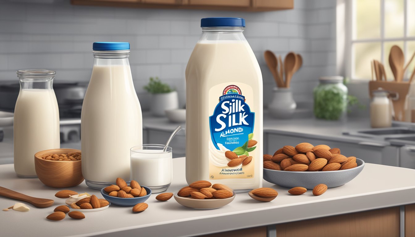 A carton of Silk Almond Milk sits on a kitchen counter, surrounded by various recipe ingredients and utensils. The expiration date on the carton is visible